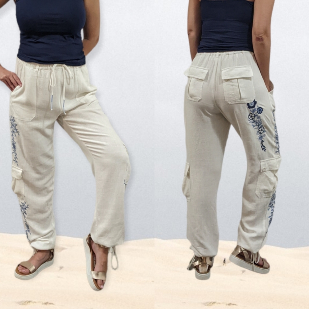 PAPARAZZI BY BIZ White Linen Cargo Embroidered Pants ~ NWT